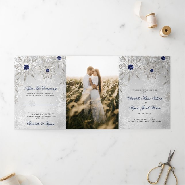 Silver Navy Blue Snowflake Winter Wedding   Tri-Fold Programme (Outside)
