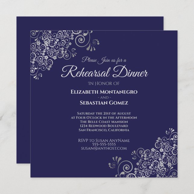 Silver & Navy Blue Square Wedding Rehearsal Dinner Invitation (Front/Back)