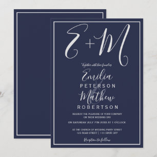 Silver navy blue typography initials wedding invitation