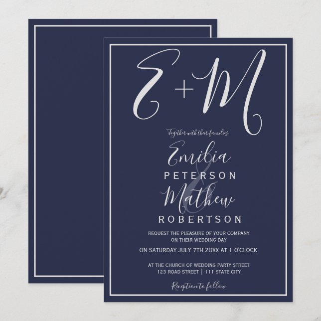 Silver navy blue typography initials wedding invitation (Front/Back)