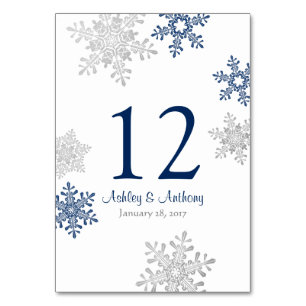 Silver Navy Blue White Snowflakes Winter Wedding Table Number