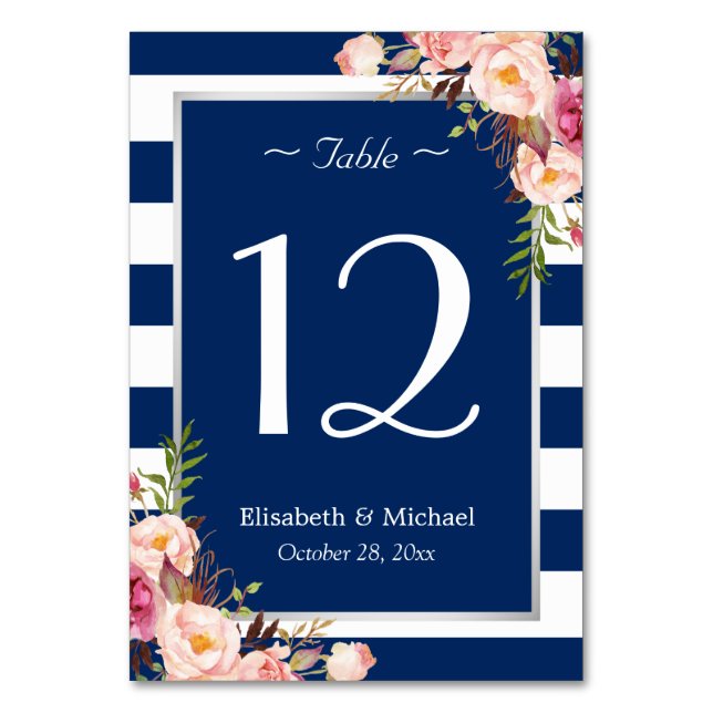 Silver Navy Blue White Stripes Floral Wedding Table Number (Front)