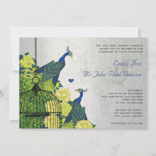 Silver Navy Blue Yellow Vintage Peacock Birdcage Invitation