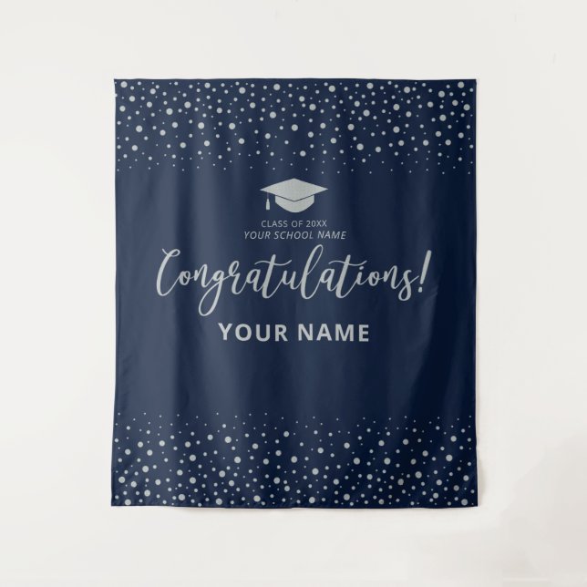 Silver & Navy Confetti | Congratulation Graduation Tapestry (Front)