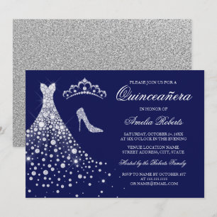 Silver Navy Diamond Dress Tiara Quinceanera Invitation