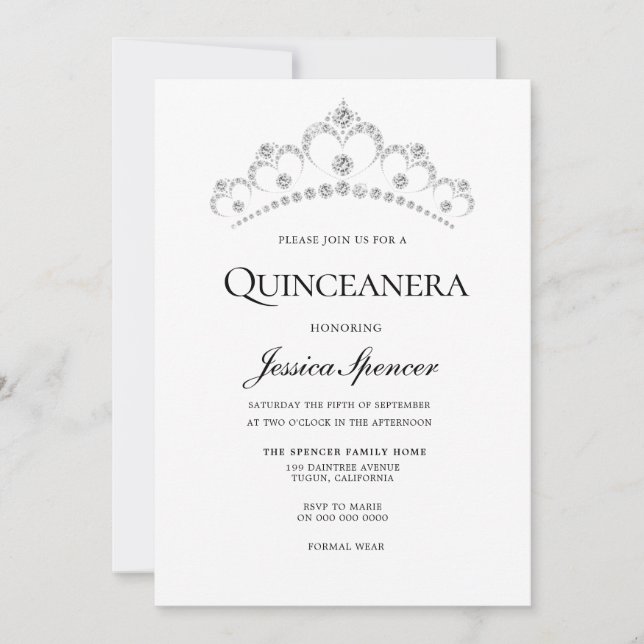 Silver & Navy Diamond Tiara Quinceanera Invite (Front)