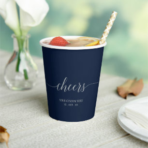 Silver & Navy Elegant Script Cheers Custom Party Paper Cups
