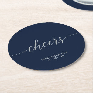 Silver & Navy Elegant Script Cheers Custom Party Round Paper Coaster