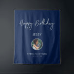 Silver & Navy Happy Birthday Photo Party Backdrop Tapestry<br><div class="desc">This modern tapestry is perfect for a chic navy blue and silver colour theme birthday party. Your guest will enjoy taking a photo with this sophisticated party backdrop and remember your special day. The design features a silver brush script " Happy Birthday " and custom text. You can personalise the...</div>