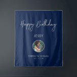 Silver & Navy Happy Birthday Photo Party Backdrop Tapestry<br><div class="desc">This modern tapestry is perfect for a chic navy blue and silver colour theme birthday party. Your guest will enjoy taking a photo with this sophisticated party backdrop and remember your special day. The design features a silver brush script " Happy Birthday " and custom text. You can personalise the...</div>