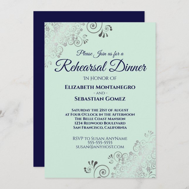 Silver Navy & Mint Green Wedding Rehearsal Dinner Invitation (Front/Back)
