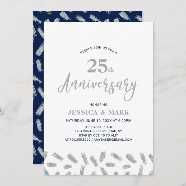 Silver & Navy | Modern 25th Wedding Anniversary Invitation (Front/Back)