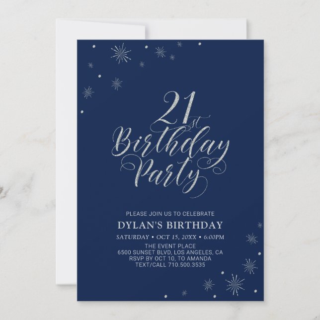 Silver & Navy | Modern Chic 21st Birthday Party Invitation (Front)