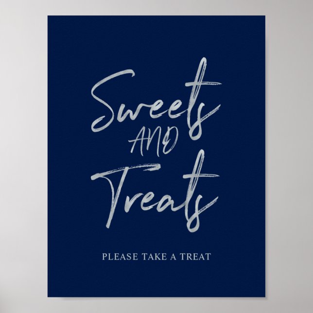 Silver & Navy Modern Sweets & Treats Party Sign (Front)