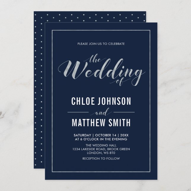 Silver & Navy | Simple Modern Typography Wedding Invitation (Front/Back)