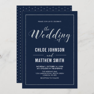 Silver & Navy Simple Modern Typography Wedding Invitation