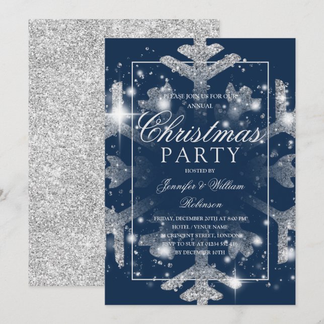 Silver Navy Snowflake Xmas Holiday Party   Invitation (Front/Back)