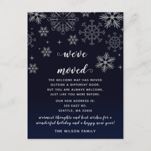 Silver Navy Snowflakes Holiday Moving Announcement Postcard