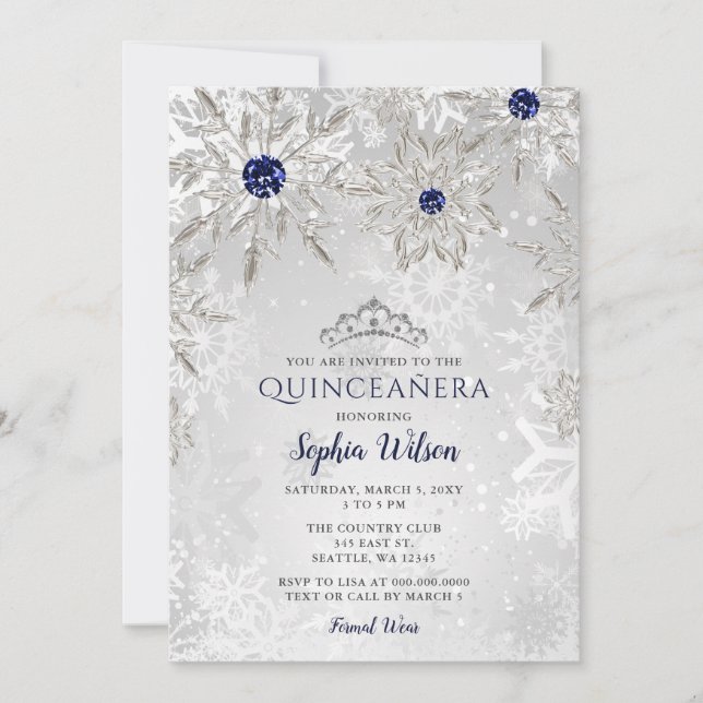 Silver Navy Snowflakes Tiara Quinceañera  Invitation (Front)
