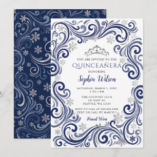 Silver Navy Snowflakes Tiara Quinceañera Invitation