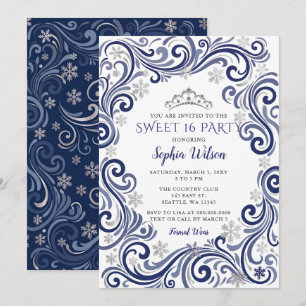 Silver Navy Snowflakes Tiara Sweet 16 Invitation