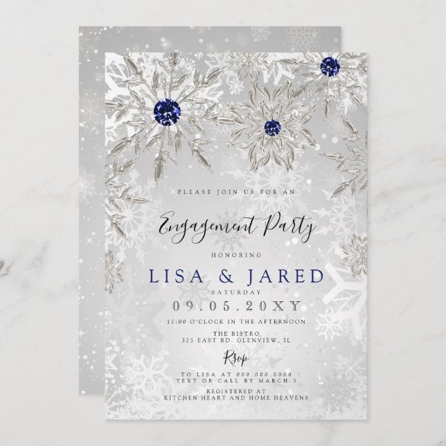 Silver Navy Snowflakes Winter Engagement Party  Invitation (Front/Back)