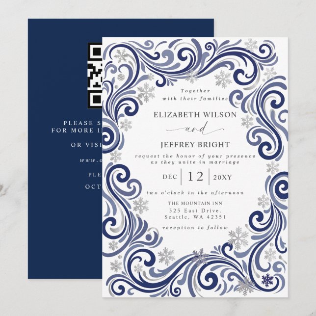 Silver Navy Snowflakes Winter QR Code Wedding Invitation (Front/Back)