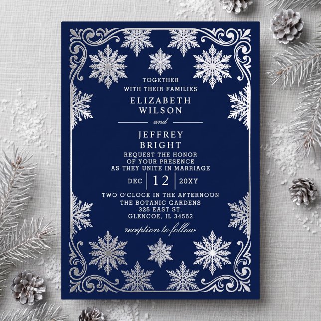 Silver Navy Snowflakes Winter Wedding (Silver Navy Snowflakes Winter Wedding Foil Invitation)