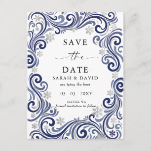Silver Navy Snowflakes Winter Wedding Announcement Postcard