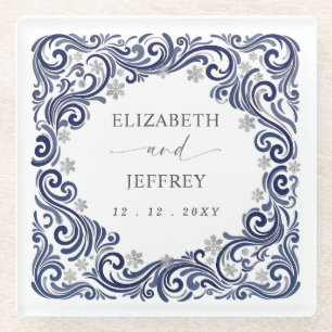 Silver Navy Snowflakes Winter Wedding Glass Coaster