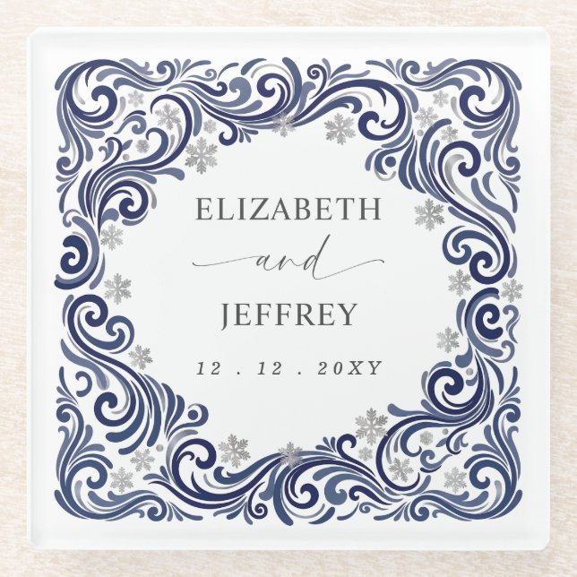 Silver Navy Snowflakes Winter Wedding Glass Coaster (Front)