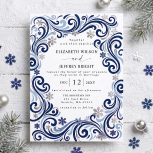 Silver Navy Snowflakes Winter Wedding Invitation