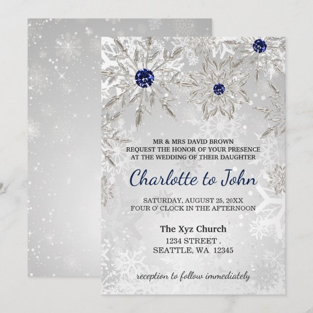 silver navy snowflakes winter wedding invitation (Front/Back)
