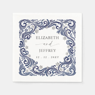 Silver Navy Snowflakes Winter Wedding Napkin