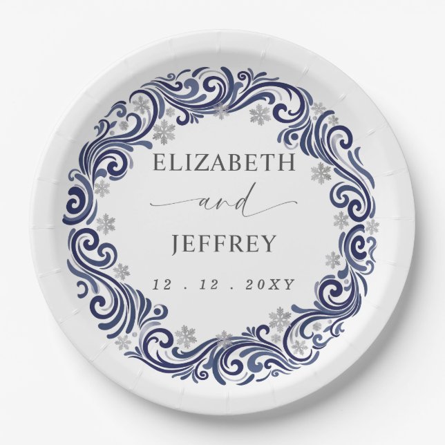 Silver Navy Snowflakes Winter Wedding Paper Plate (Front)