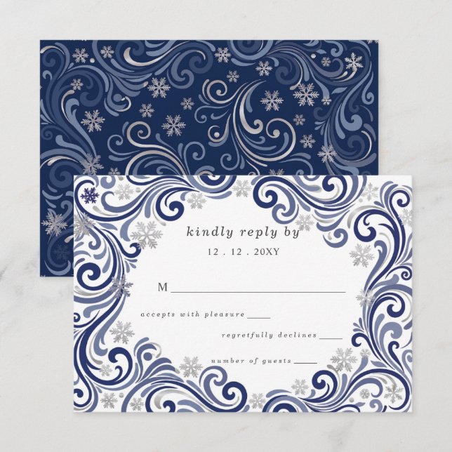 Silver Navy Snowflakes Winter Wedding RSVP Card (Front/Back)