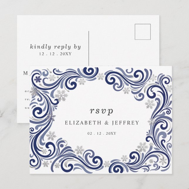 Silver Navy Snowflakes Winter Wedding RSVP Postcard (Front/Back)