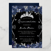 Silver Navy Swirl Scroll Floral Quinceanera 