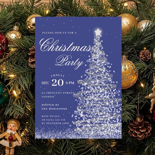 Silver Navy Winter Christmas Tree Holiday Party  Invitation (Silver Navy Winter Christmas Tree Holiday Party Invitation)