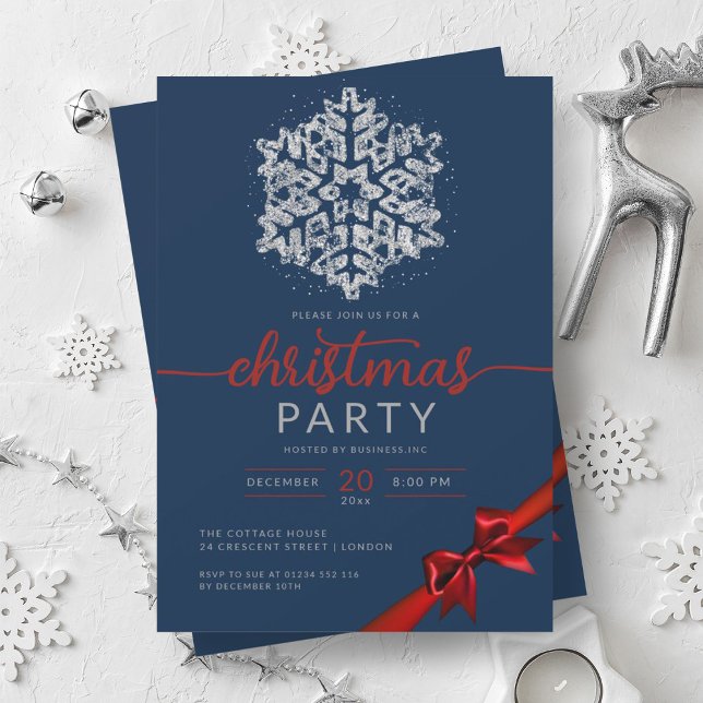 Silver Navy Winter Glitter Snowflake Company Xmas  Invitation (Silver Navy Winter Glitter Snowflake Company Xmas Invitation)