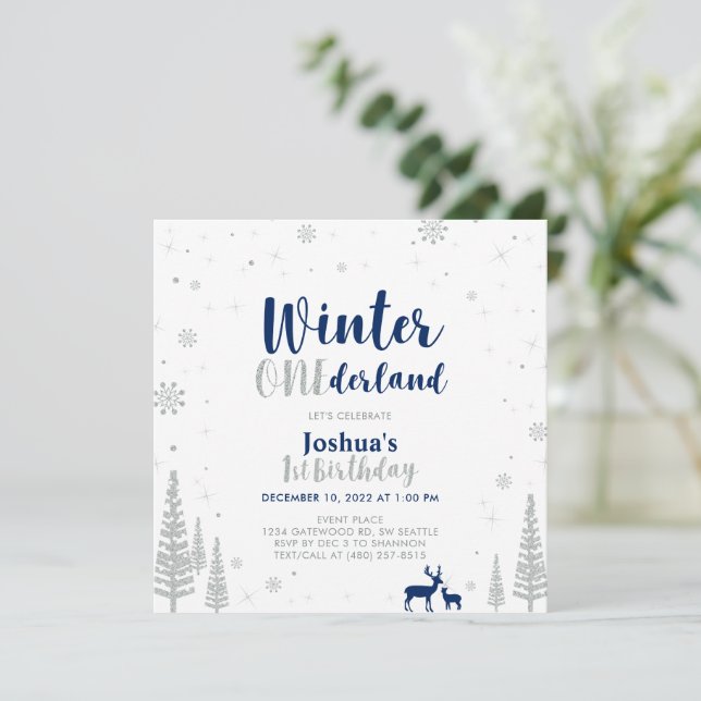 Silver & Navy Winter Onederland 1st First Birthday Invitation (Standing Front)