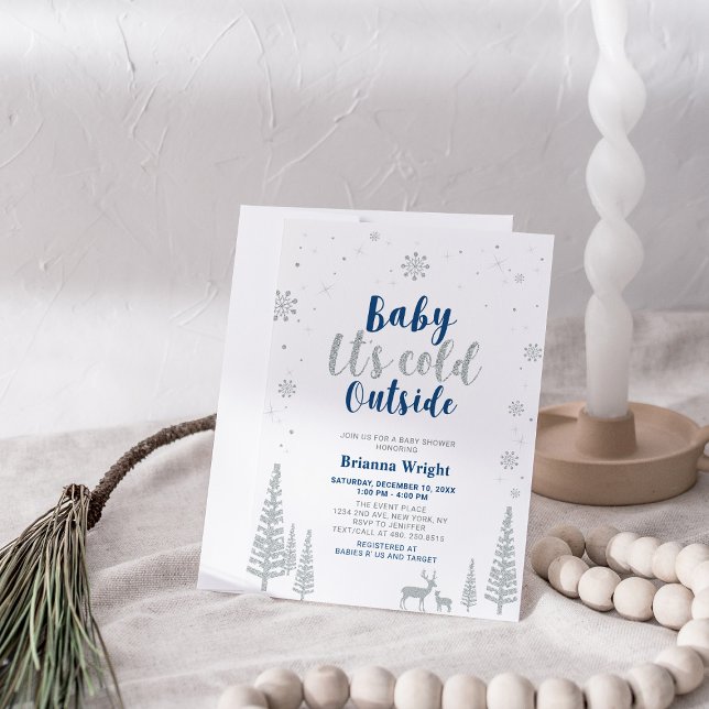 Silver & Navy Winter Wonderland Boy Baby Shower Invitation (Creator Uploaded)