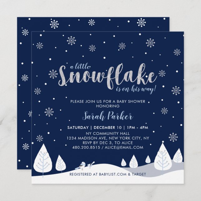 Silver & Navy Winter Wonderland Boy Baby Shower Invitation (Front/Back)
