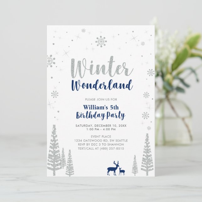 Silver & Navy Winter Wonderland Boy Birthday Invitation (Standing Front)