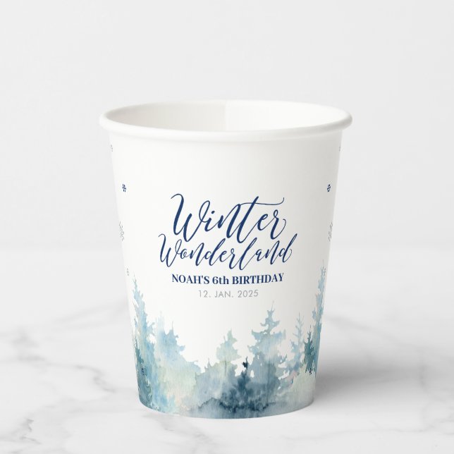 Silver &  Navy Winter Wonderland Kids Birthday  Paper Cups (Left)