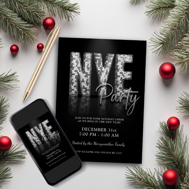 Silver New Years Eve Disco Party Invitation (Silver New Years Eve Disco Party Invitation)