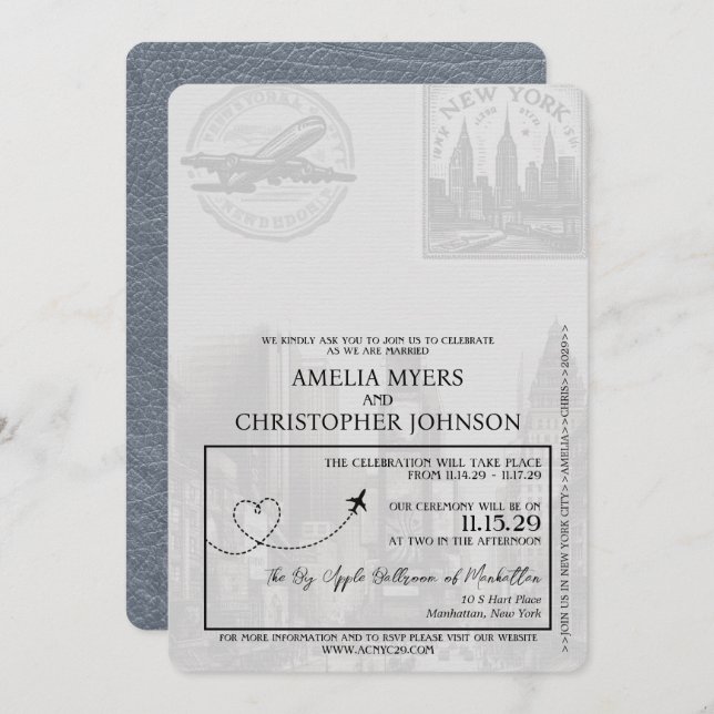 Silver New York City Passport Wedding Invitation (Front/Back)