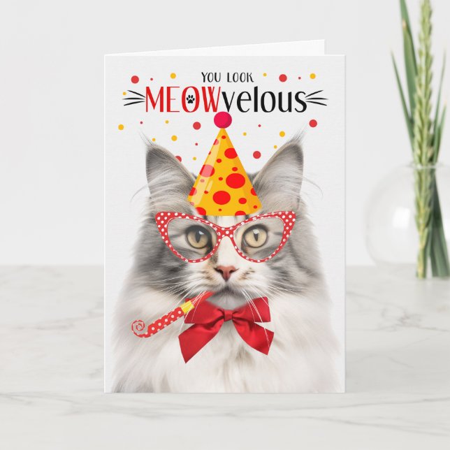 Silver Norwegian Forest Cat MEOWvelous Birthday Card (Front)