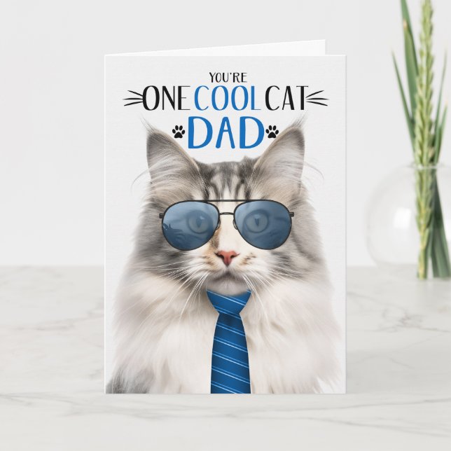 Silver Norwegian Forest Father's Day One Cool Cat Holiday Card (Front)