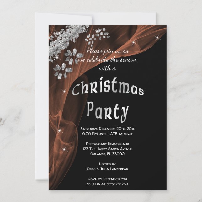 Silver Nuggets & Brown Smoke Veil Christmas Invitation (Front)